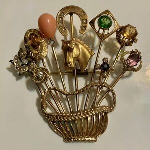 14k Gold Horse Diamond Seed Pearl Stick Pin Brooch